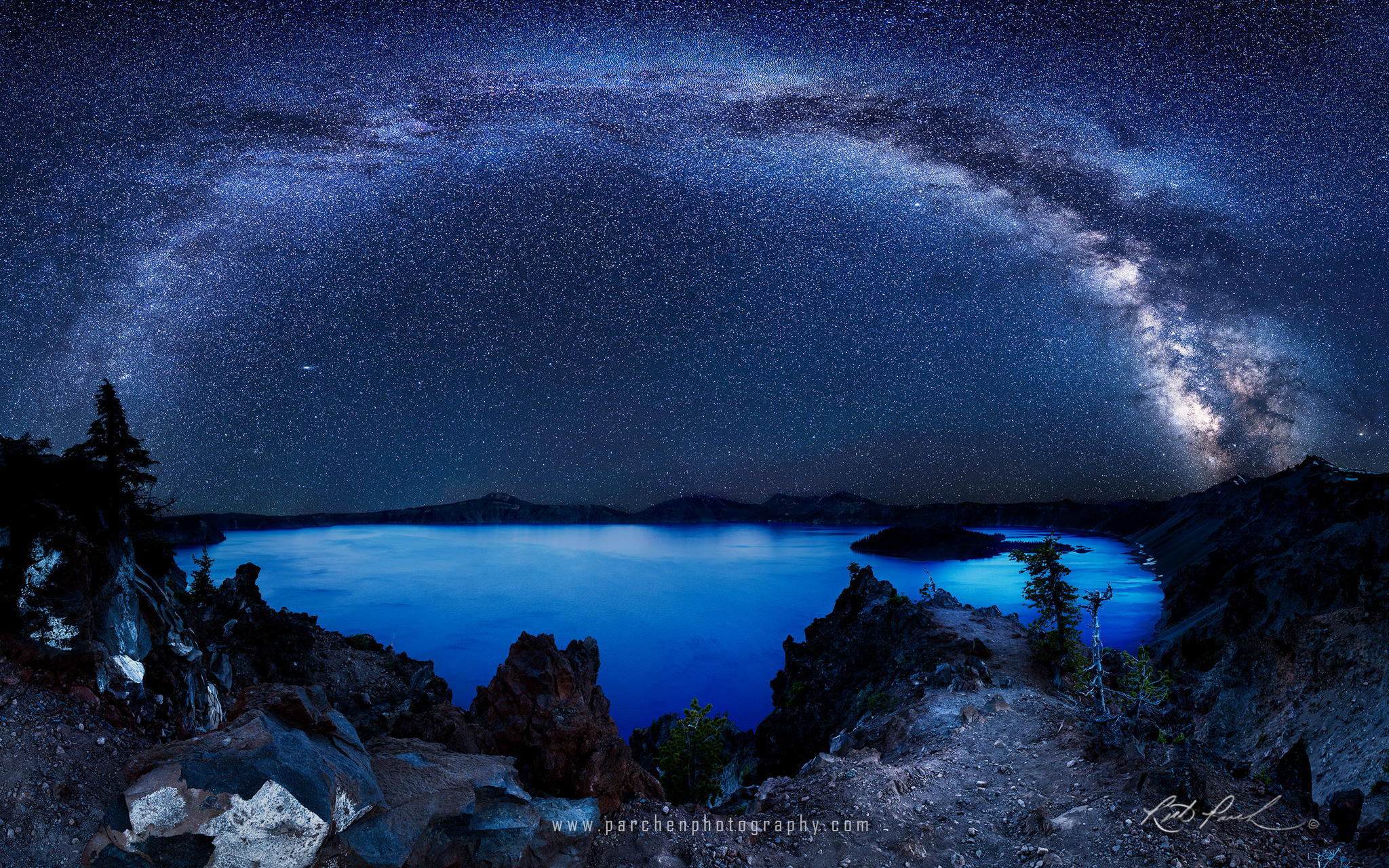 (click to view pano) Milky Way over Crater Lake