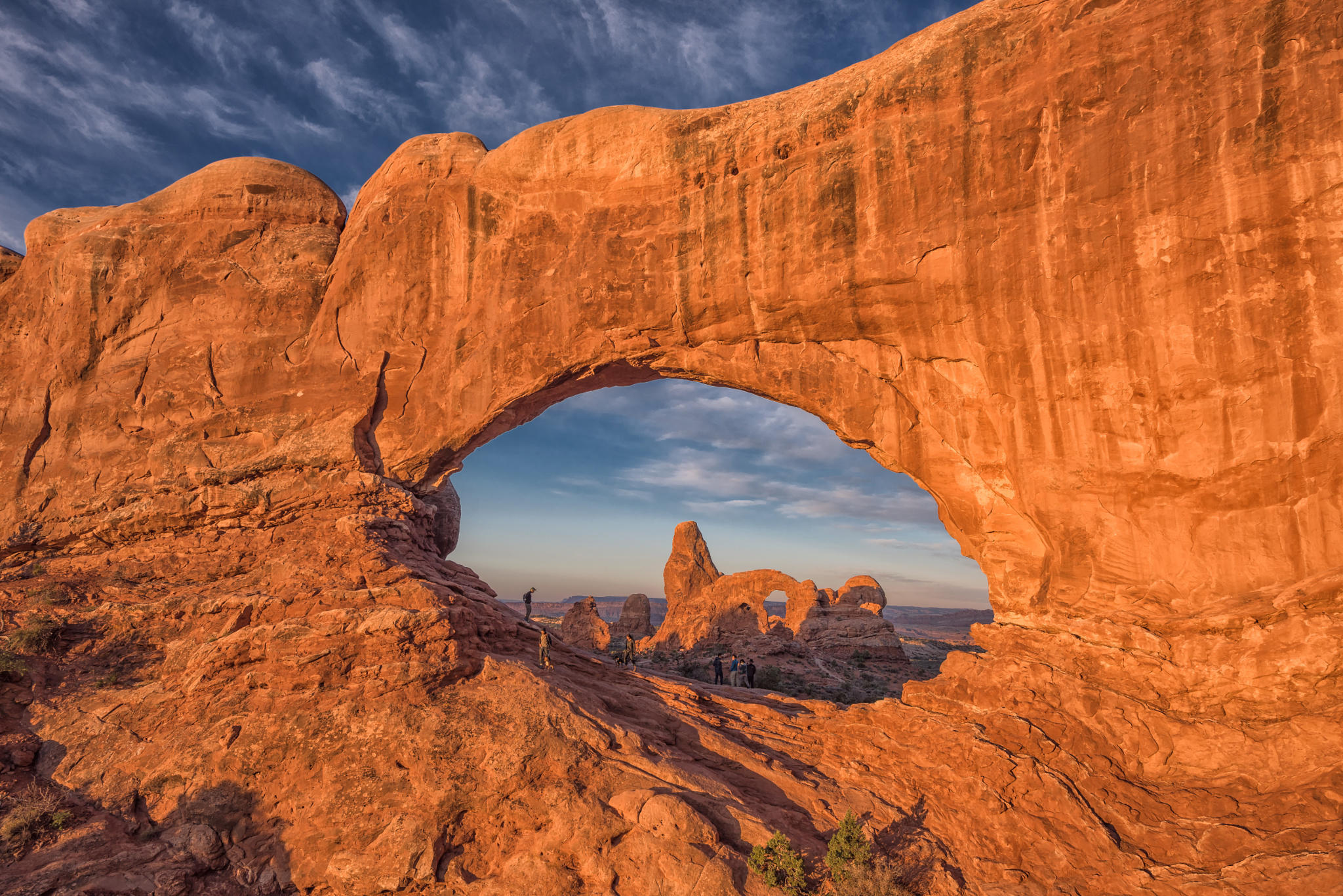 Turret Arch through North Window at sunrise at Arches National P