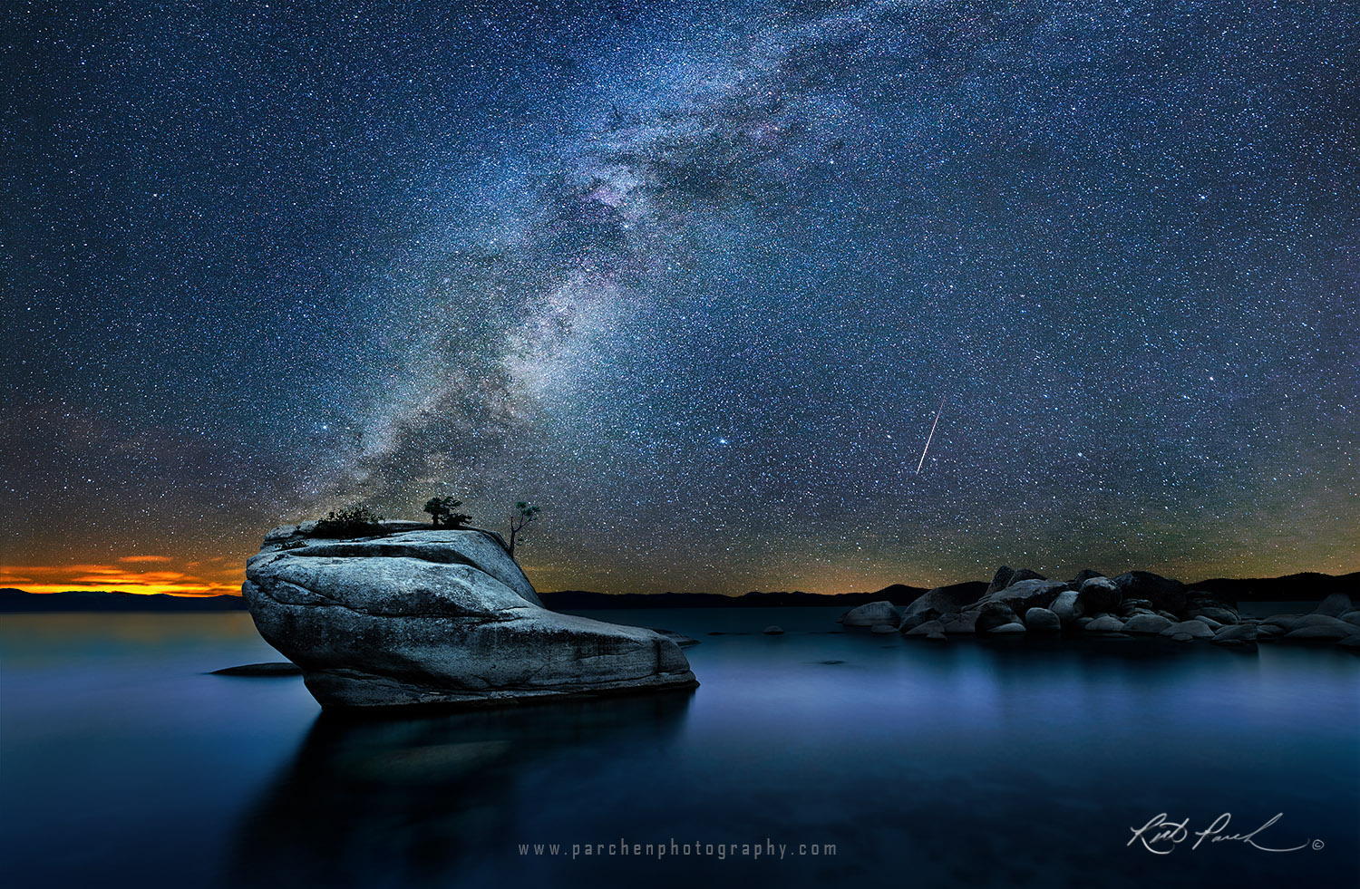 Meteor and Milky Way over Bonsai Rock, Lake Tahoe