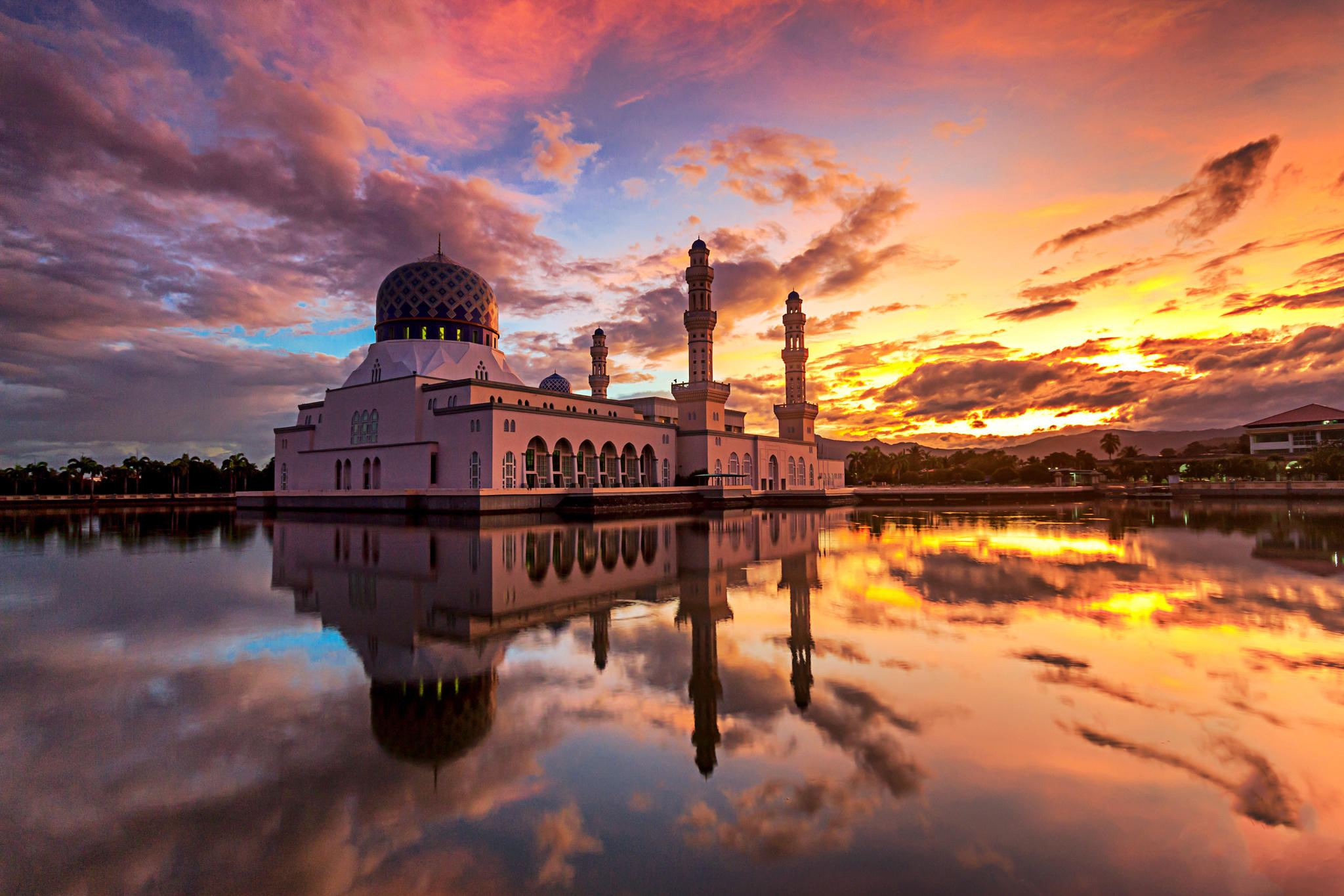 Colorful sunrise scene at Likas Mosque, Kota Kinabalu, Sabah, Ma