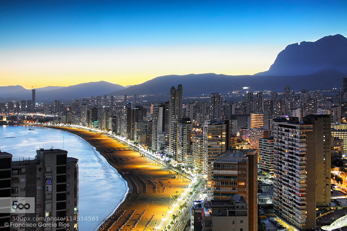 Benidorm Levante Beach at dusk.