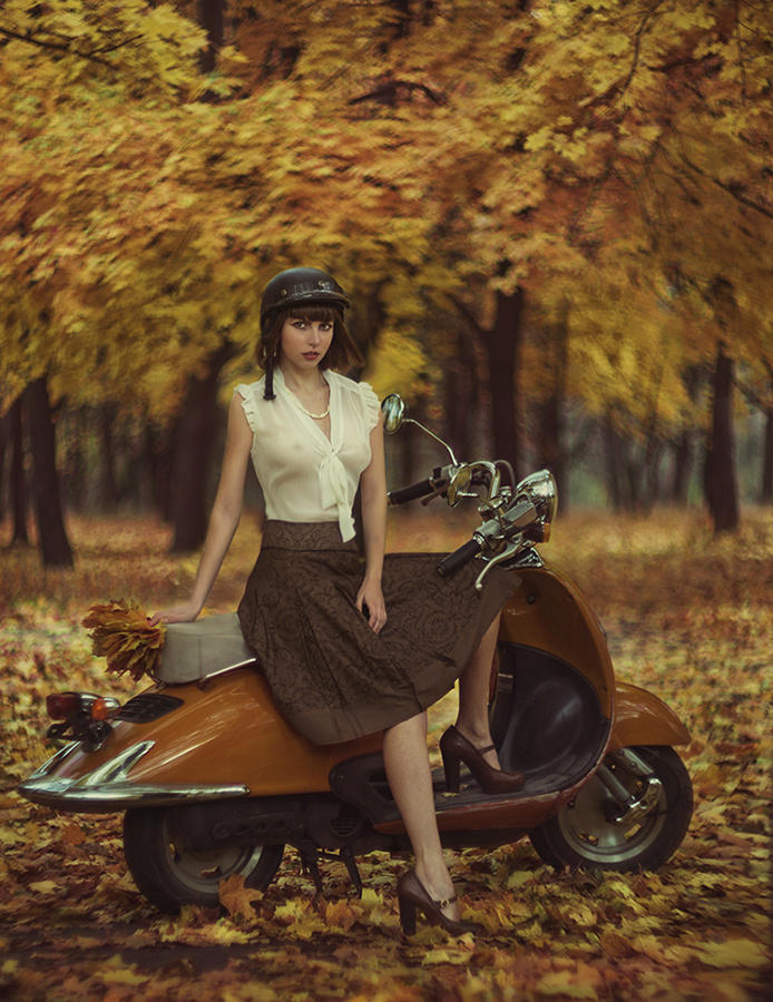 girl and retro scooter