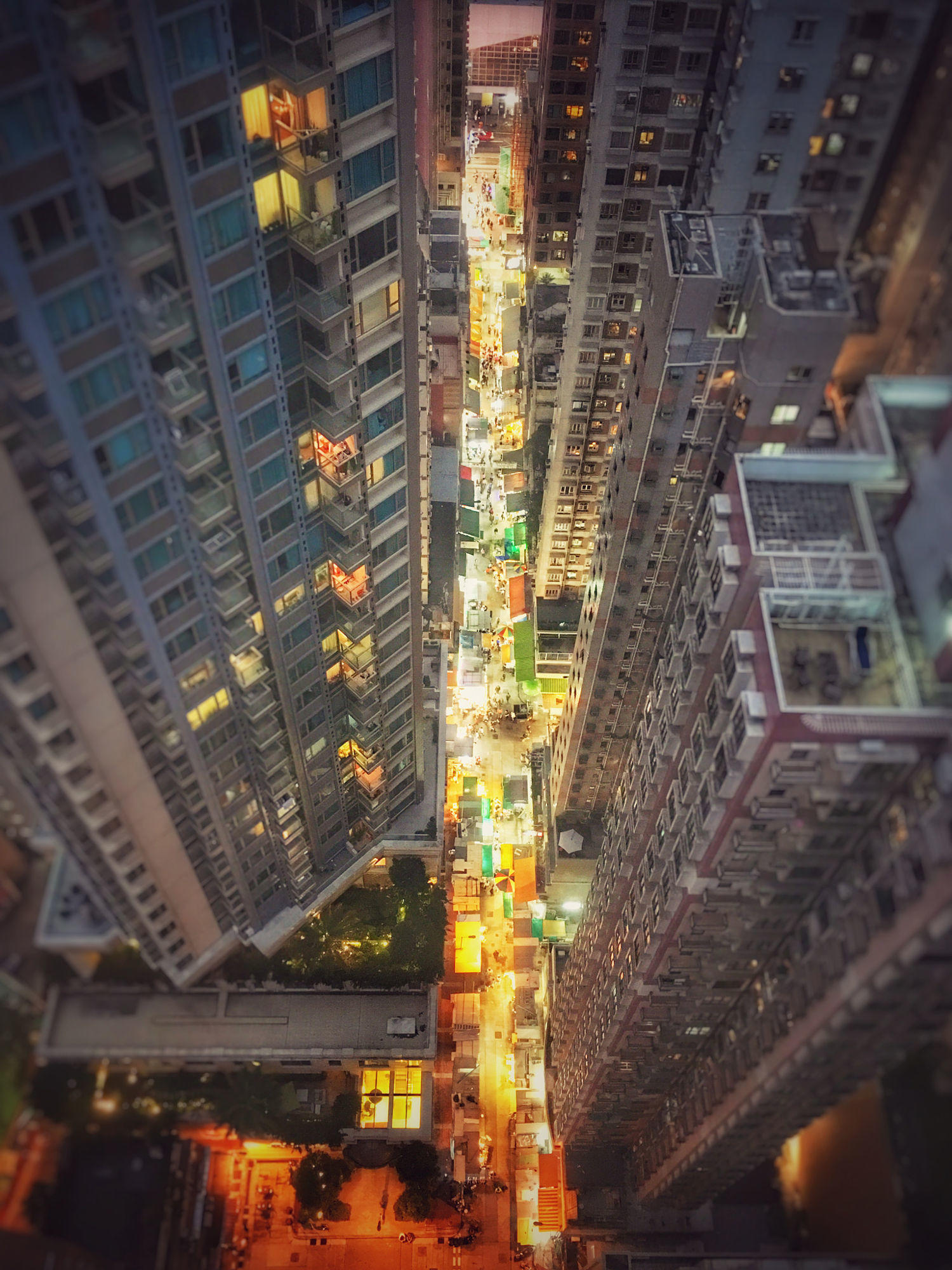 Above it all - looking down on the hustle and bustle of Wan Chai market in Hong Kong at dusk