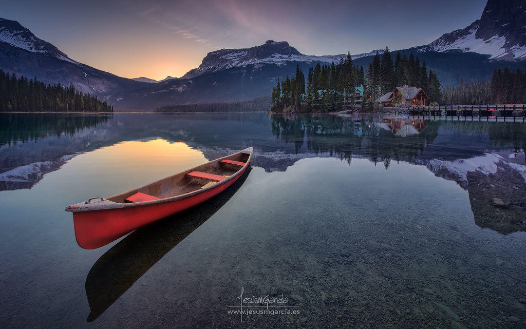 Red canoe at Emerald Lake