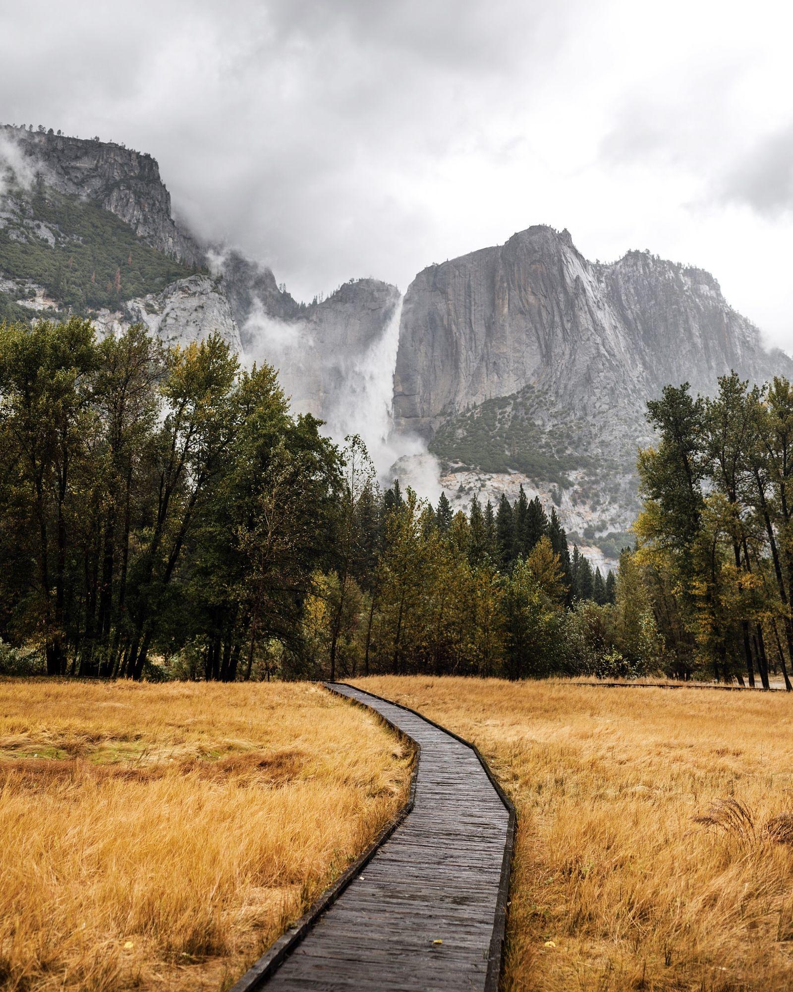 foggy yosemite falls. yosemite. california.