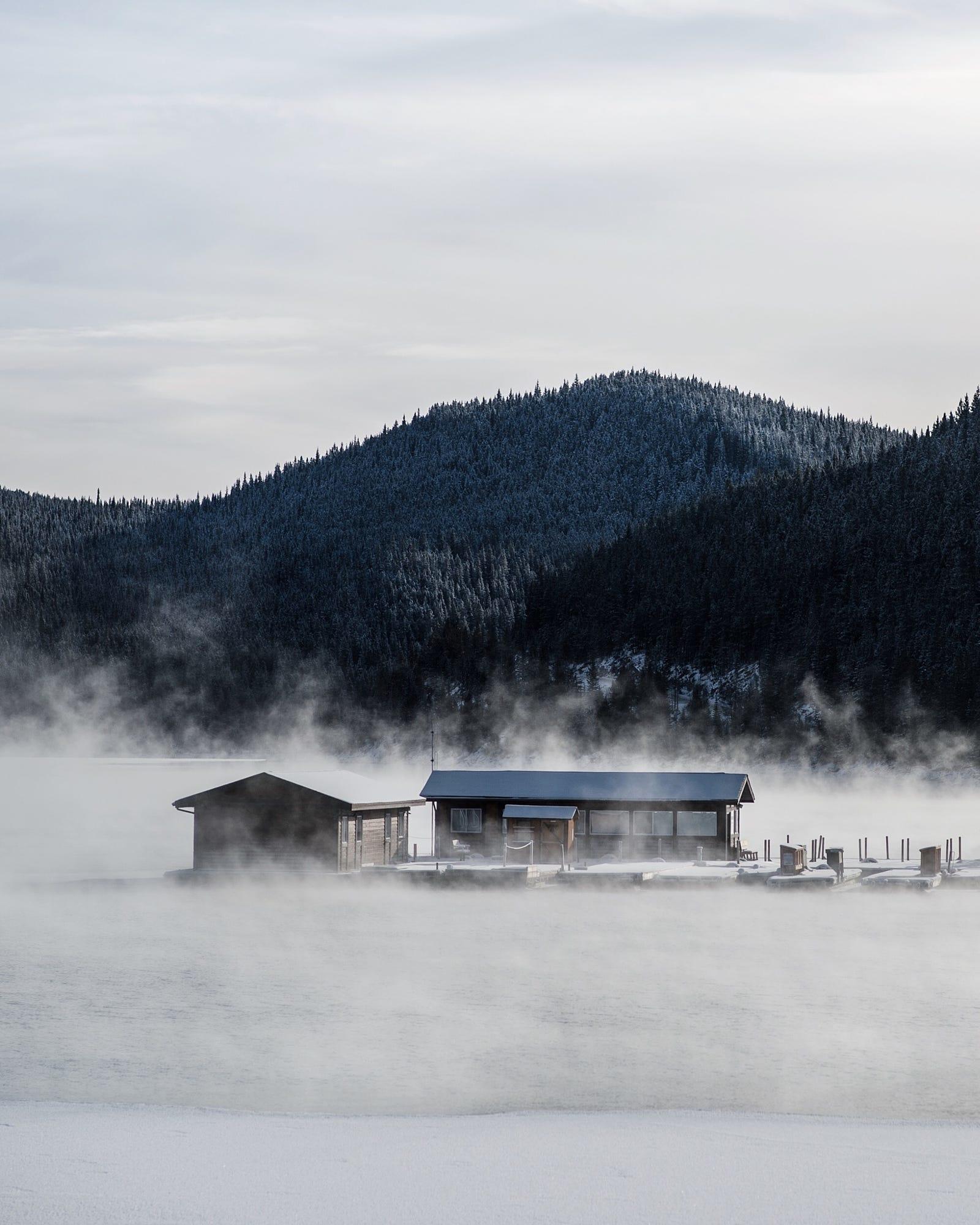 the boat house on lake minnewanka. banff. alberta.